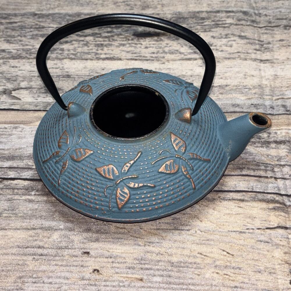 Japanese Cast Iron Tea Pot Infuser & Handle Gold Butterfly Pattern Kettle Teal
